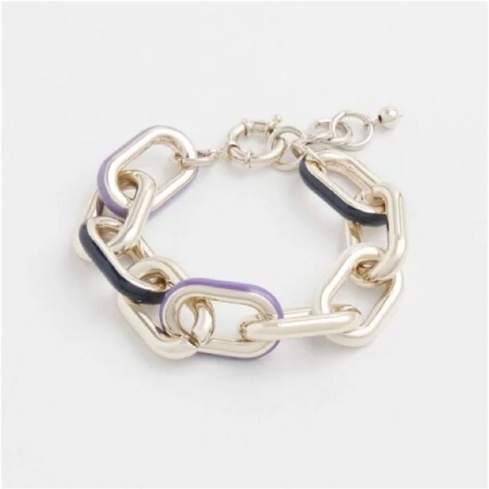 NWT Chico's Chunky Chain Link Bracelet Purple White Enamel Silver Tone Chic